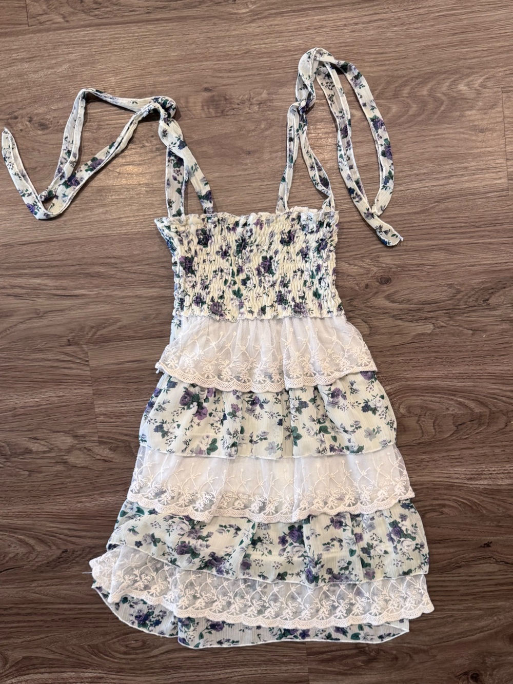 Floral Cream Tiered Mini Dress with Tie Straps